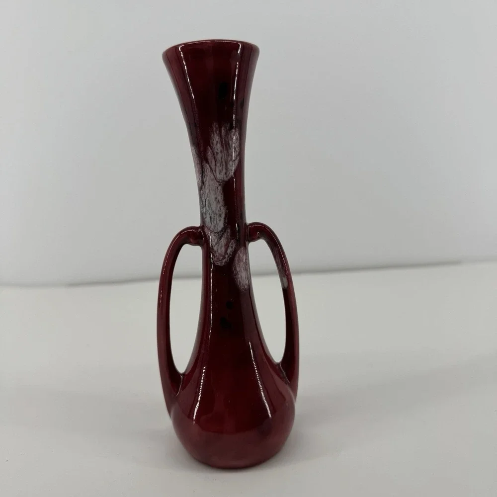 Vtg Art Nouveau Red Subtle Floral Drip Glaze Mid Century Double Handled Bud Vase